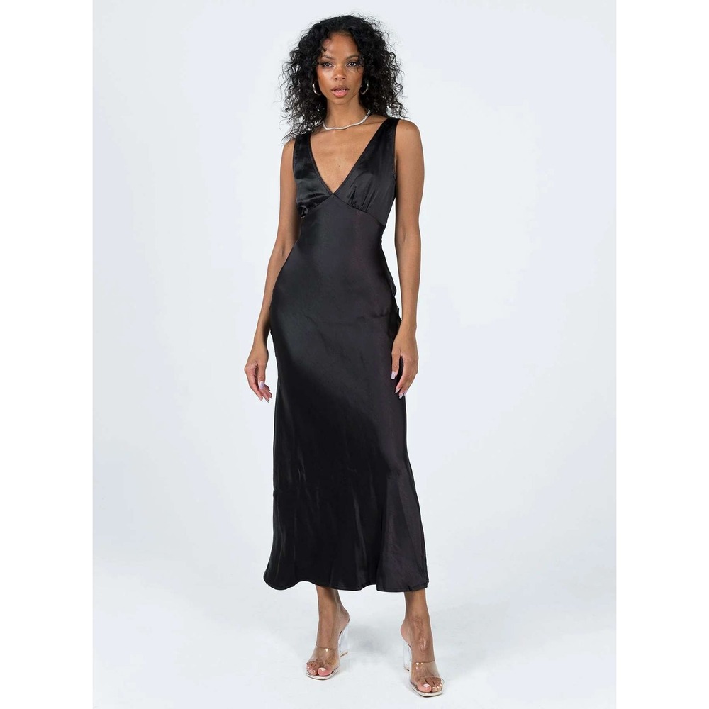 Princess Polly Maxi Dress Women 4 Black Satin V-Neck Side Slit Sleeveless Formal